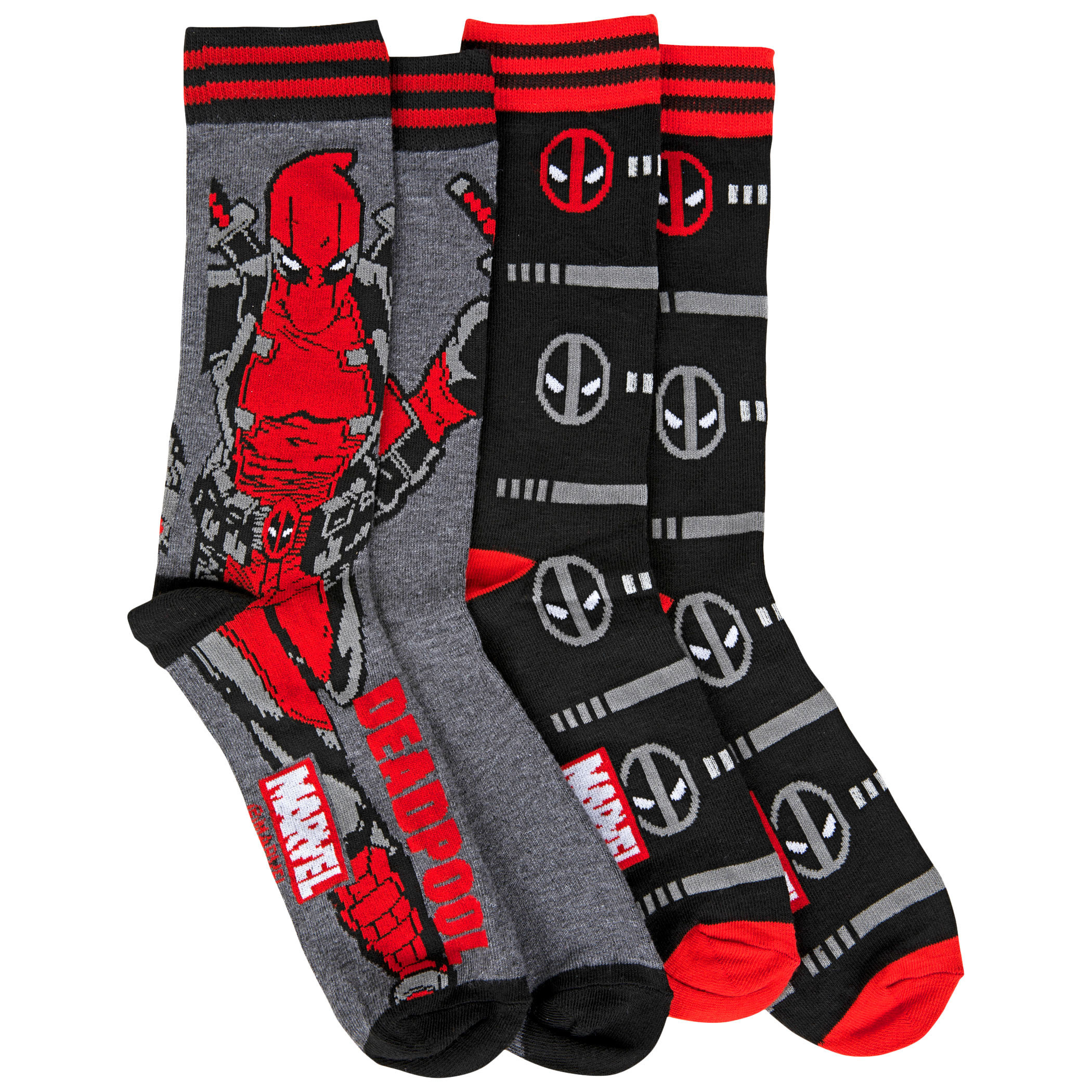Deadpool Character and Repeating Faces 2-Pair Pack of Casual Crew Socks